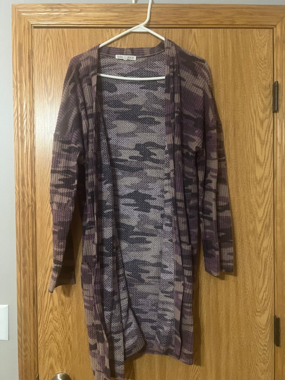 Lola & Jane Purple Camo Open-Front Women's Cardigan
